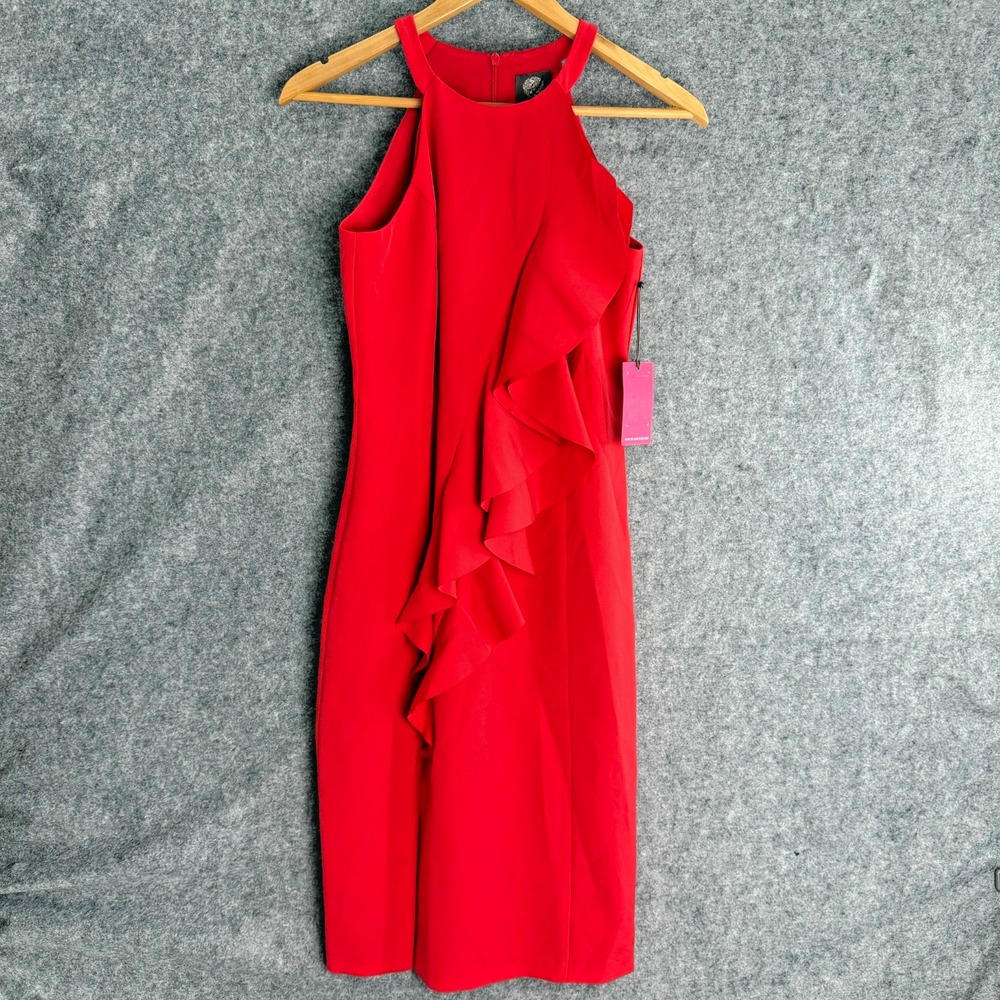 Vince Camuto‎ Womens Dress Sz 4 Red Sleeveless Halter Neck Ruffles Side Slit